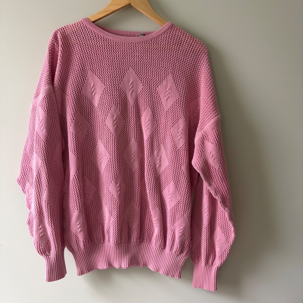 St. Croix Knits Vintage Pink Diamond Pointelle Cable Knit Cotton Sweater XL USA